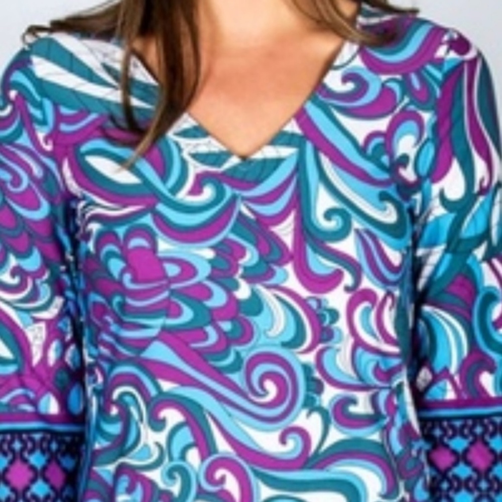 3/4 Length Sleeve Blue Orchid Swirl Petals Dress - Picture 3 of 5